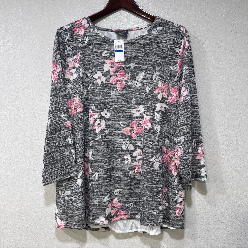 NWT Van Heusen Floral Marled Knit Top 3/4 Length Sleeve Split Back Women’s XL